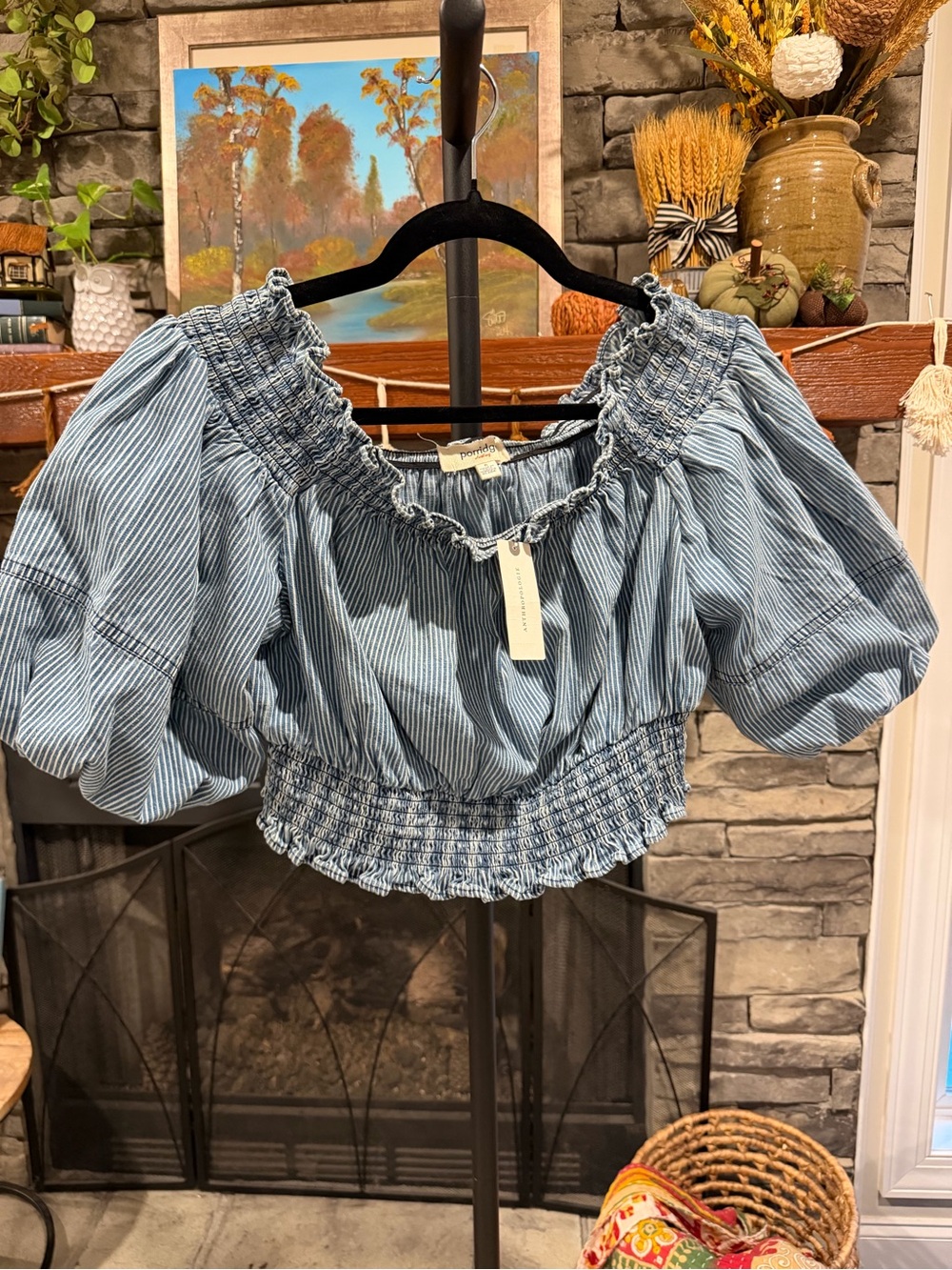 Anthropologie Porridge Clothing peasant boho Smocked Off-Shoulder Crop Top sz S